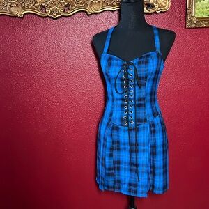 Blue plaid dress pleated skirt mini lace up size small